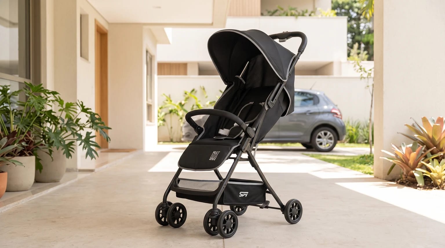 Carrinho de bebê Multikids Baby Spy preto na entrada iluminada de um condomínio, com plantas e um carro ao fundo.