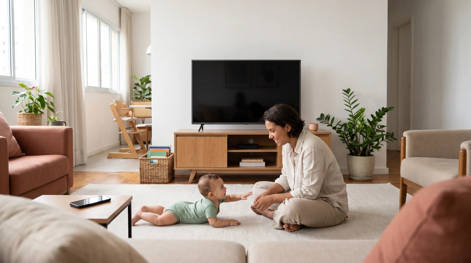 Uma cuidadora brinca com um bebê no tapete, com uma televisão desligada ao fundo.
