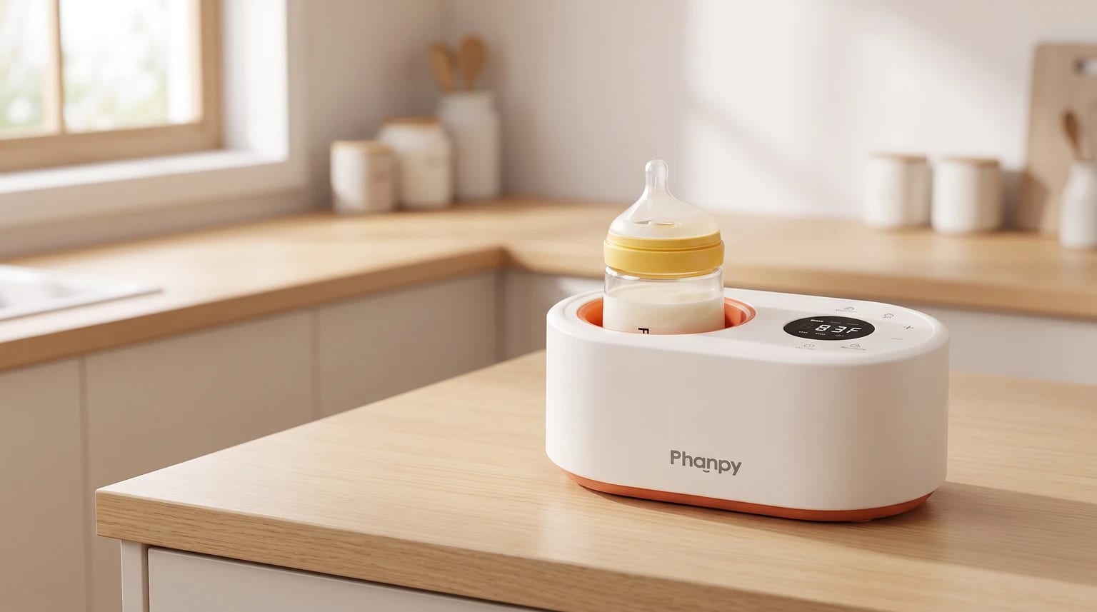 Aquecedor de mamadeiras Phanpy branco sobre uma bancada de madeira, com uma mamadeira de leite em seu interior e um visor digital aceso.