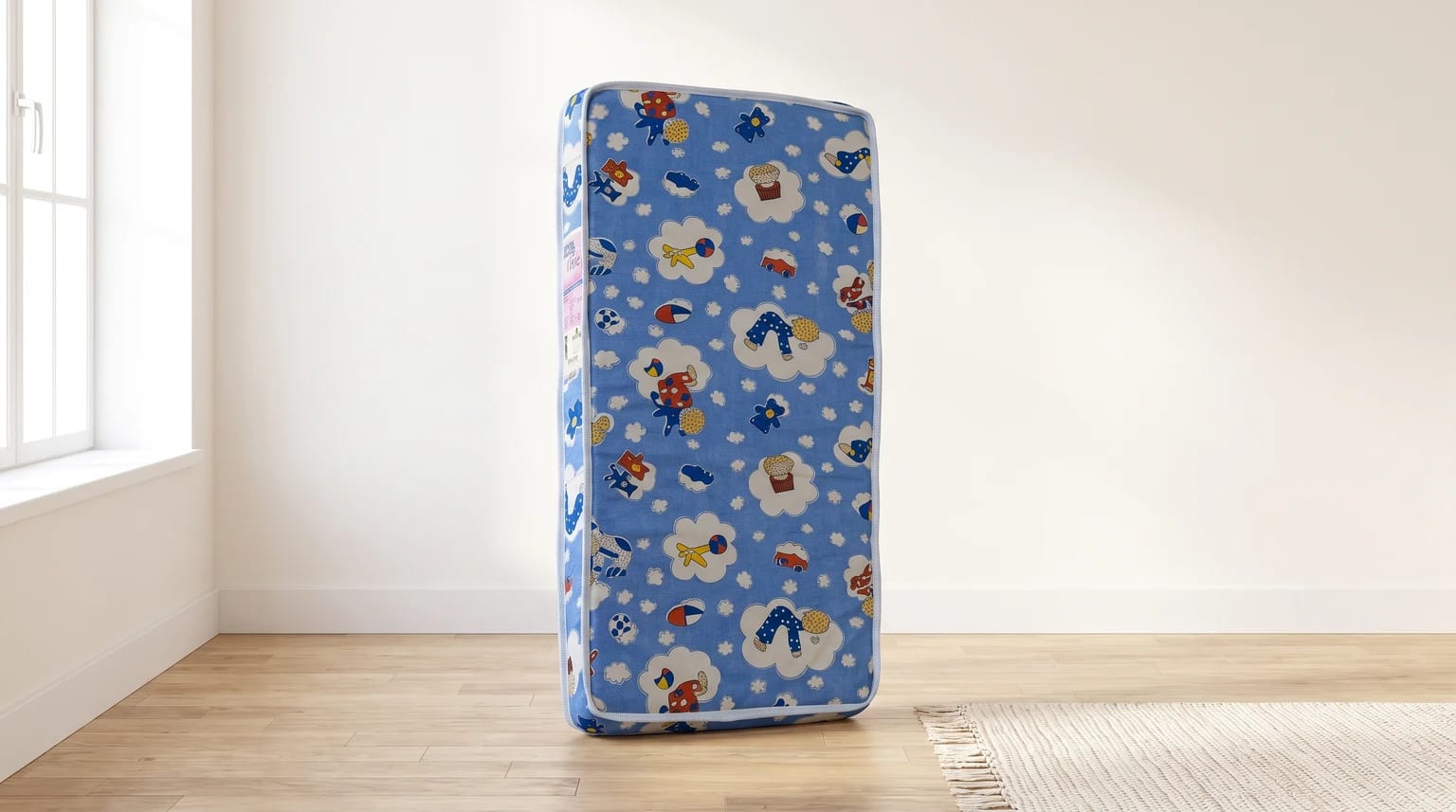 Colchão de berço com estampa infantil azul, em pé sobre um piso de madeira claro, ao lado de uma janela.