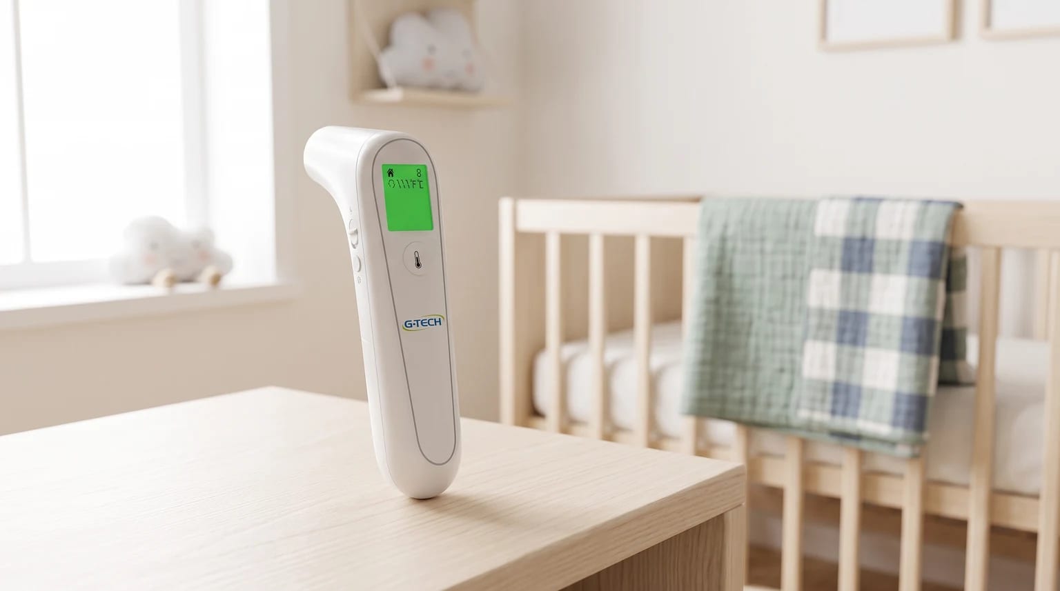 Termômetro sem contato G-Tech sobre uma mesa de madeira clara em um quarto de bebê, com um berço ao fundo.
