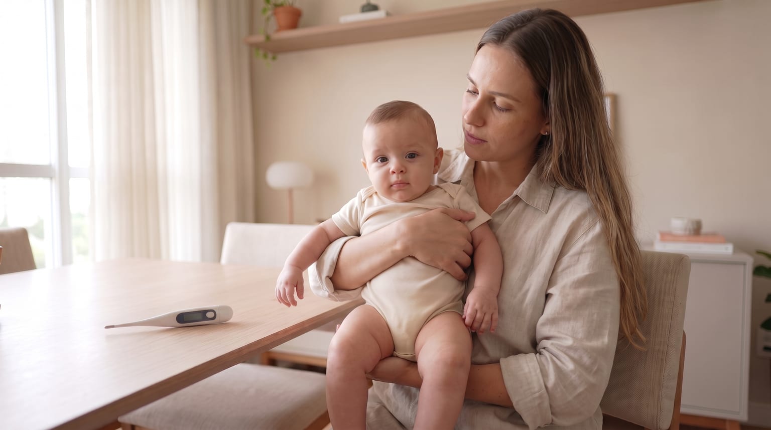 Uma mulher de pele clara e cabelos longos segura um bebê no colo e olha para ele. Um termômetro digital repousa sobre a mesa ao lado.