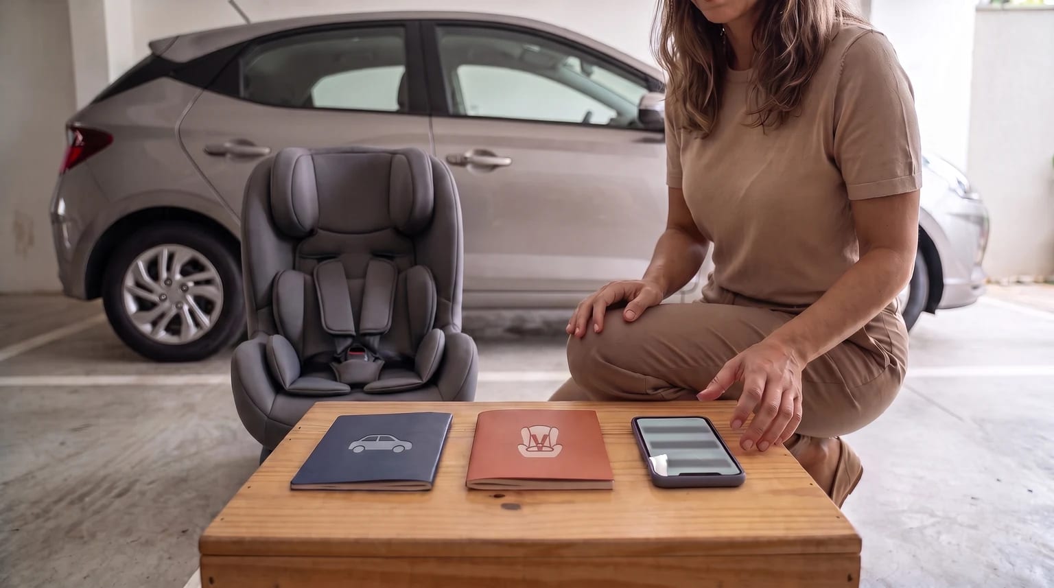 Pessoa consulta dois manuais, identificados por ícones de carro e cadeirinha, e um celular ao lado de uma cadeirinha vazia e de um carro estacionado.