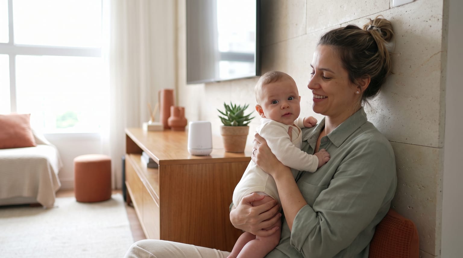 Mulher segura um bebê em uma sala clara, com uma pequena fonte de som sobre um móvel ao fundo.