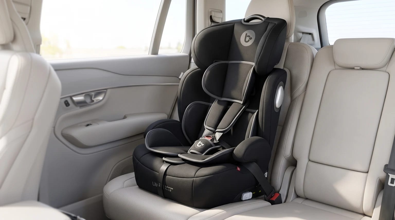 Cadeirinha Litet Safemax Fix 2.0 preta, instalada no banco traseiro de um carro com estofado bege.