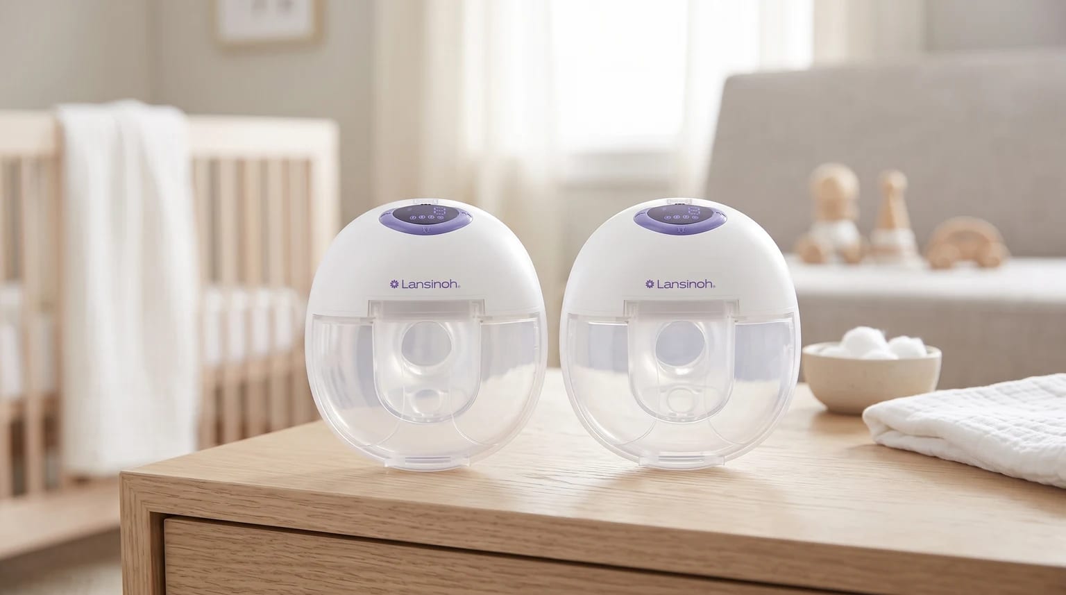 Duas bombinhas de tirar leite elétricas vestíveis Lansinoh sobre uma cômoda de madeira clara, com um quarto de bebê desfocado ao fundo.