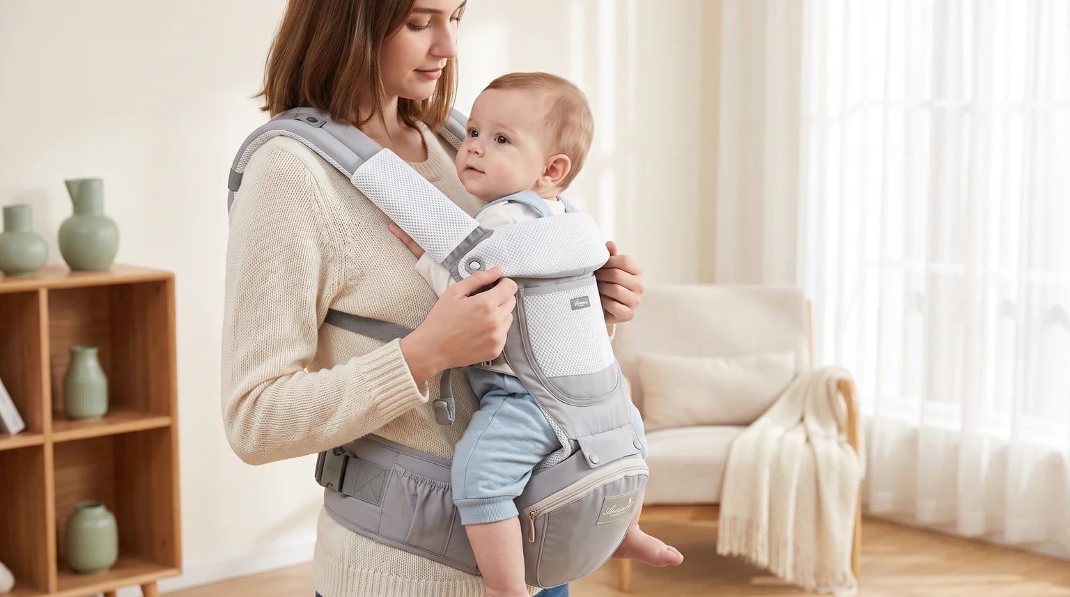 Mãe olha para o bebê em um canguru cinza e branco com assento de quadril, em uma sala clara.