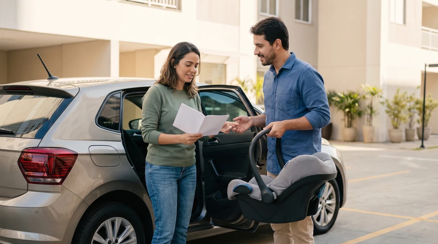 Casal consulta um manual ao lado do carro enquanto avalia um bebê conforto vazio
