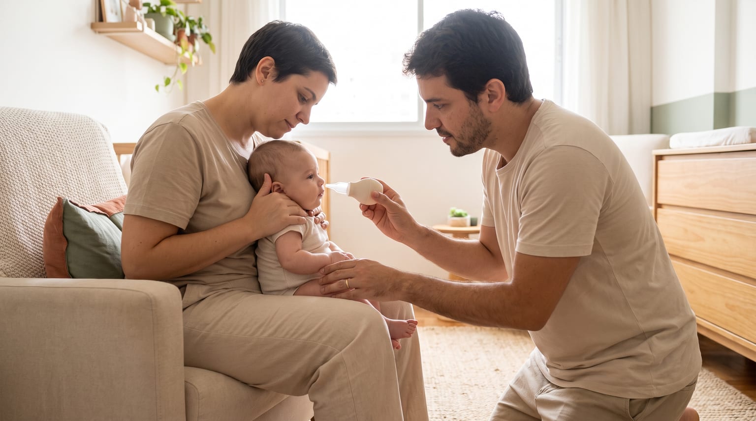 Dois cuidadores apoiam um bebê calmo enquanto um aspirador nasal é mantido perto do nariz, sem encostar.