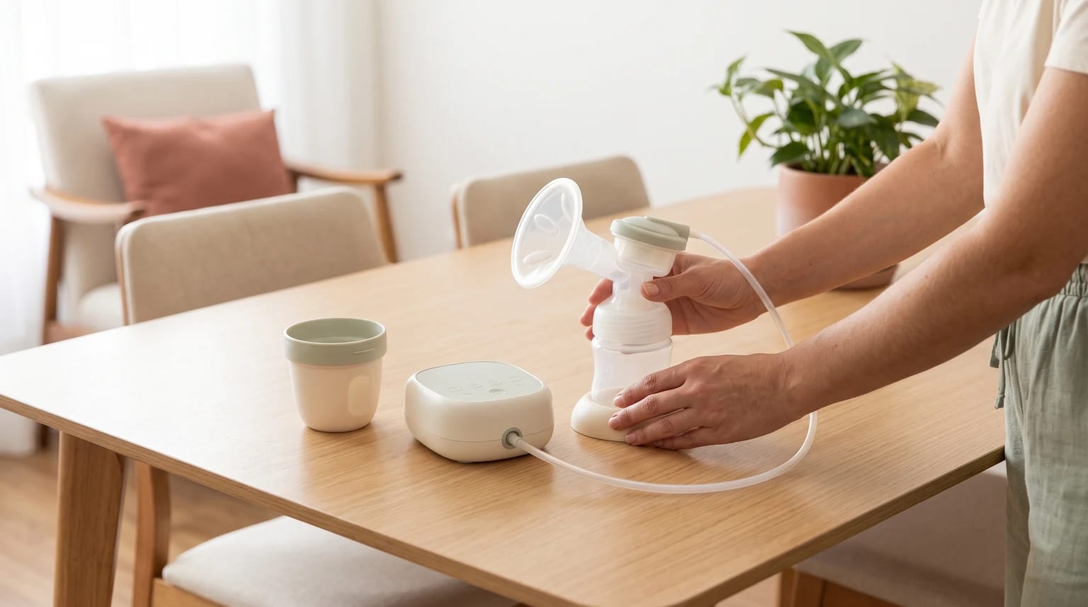 Pessoa monta uma bombinha elétrica sobre uma mesa de madeira, com o motor, o tubo e um recipiente ao lado.