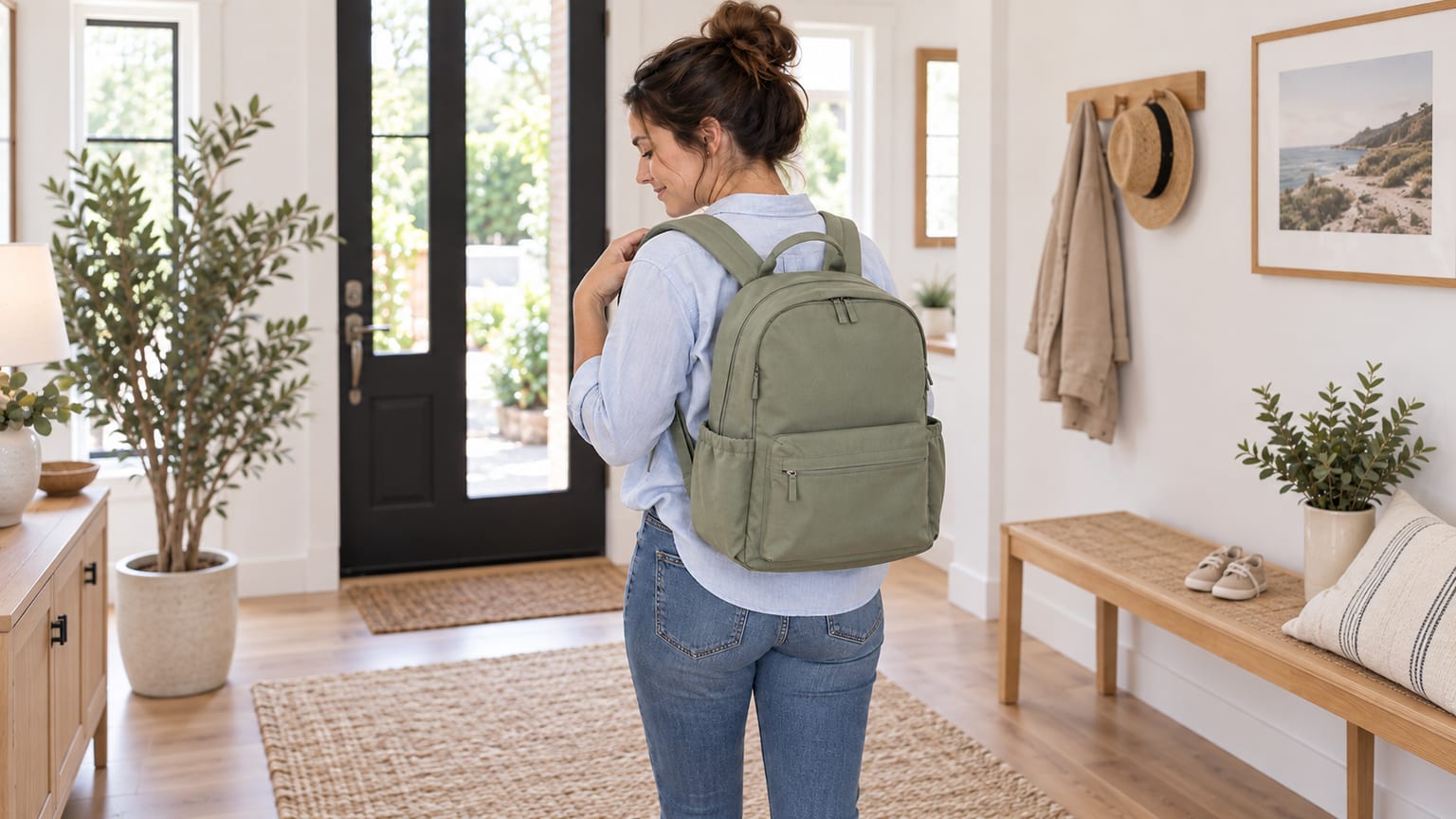 Pessoa usando uma mochila verde com as duas alças nos ombros antes de sair de casa.