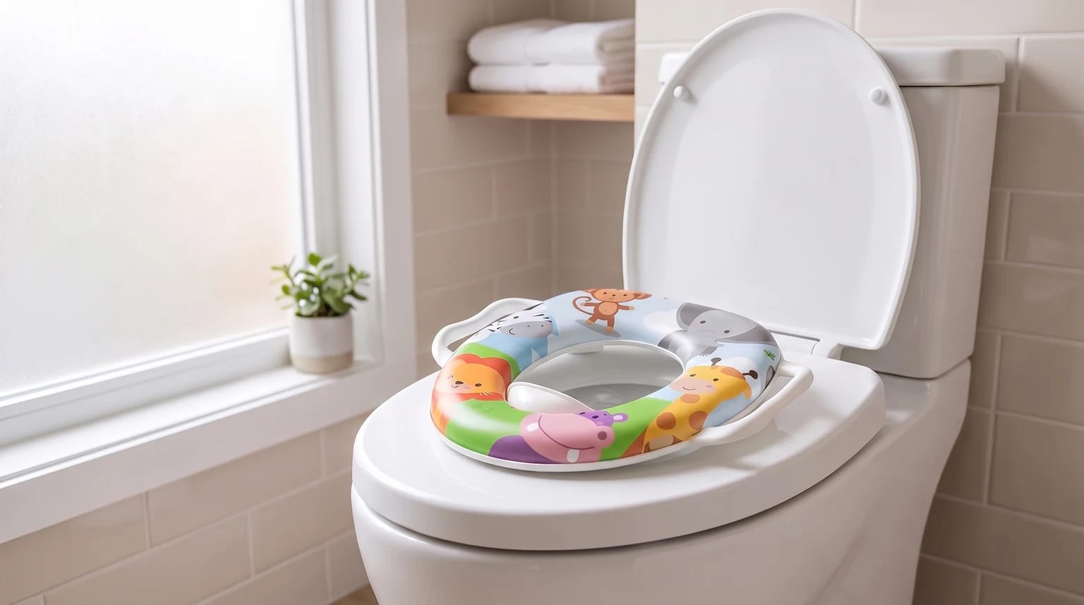 Redutor de assento infantil com estampa colorida de animais, instalado sobre um vaso branco em um banheiro claro.