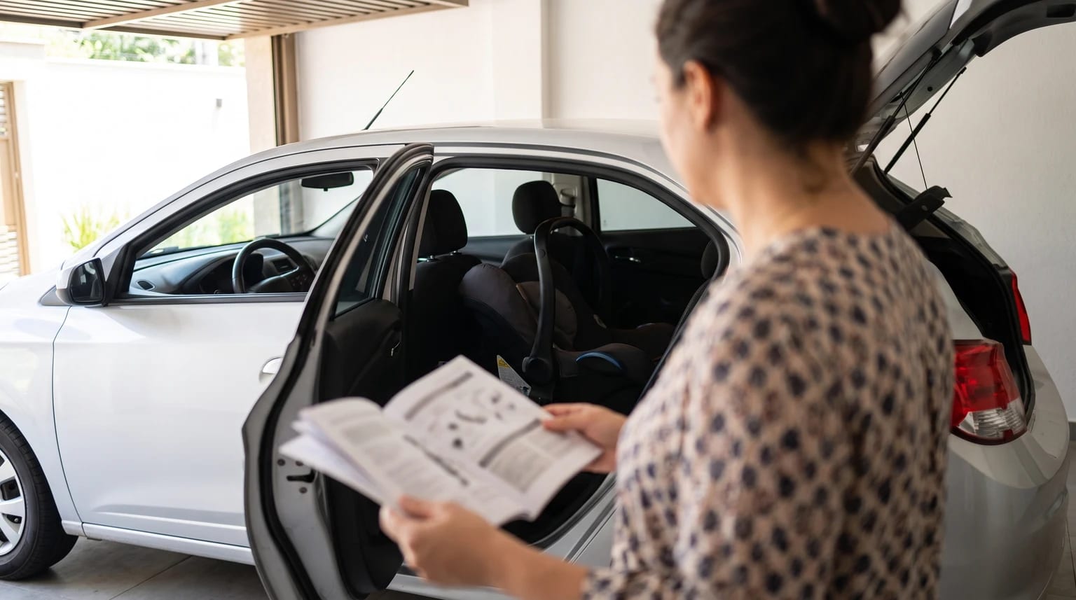 Cuidadora consulta um manual diante de uma cadeirinha virada para trás em um carro estacionado.
