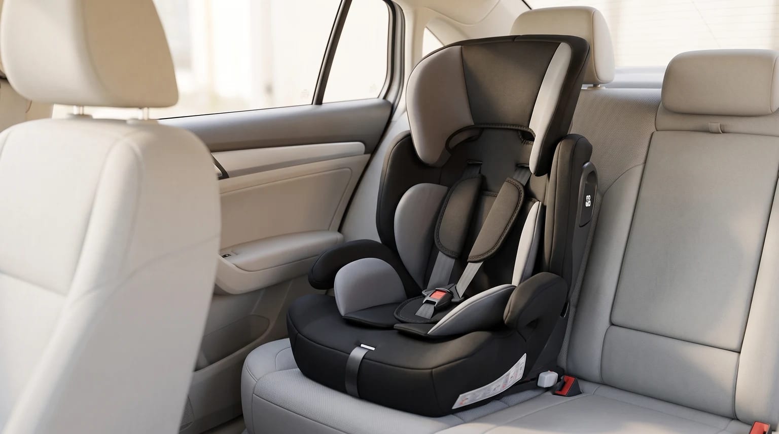 Cadeirinha Styll Baby Dream Baby preta e cinza, instalada no banco traseiro de um carro com estofamento claro.