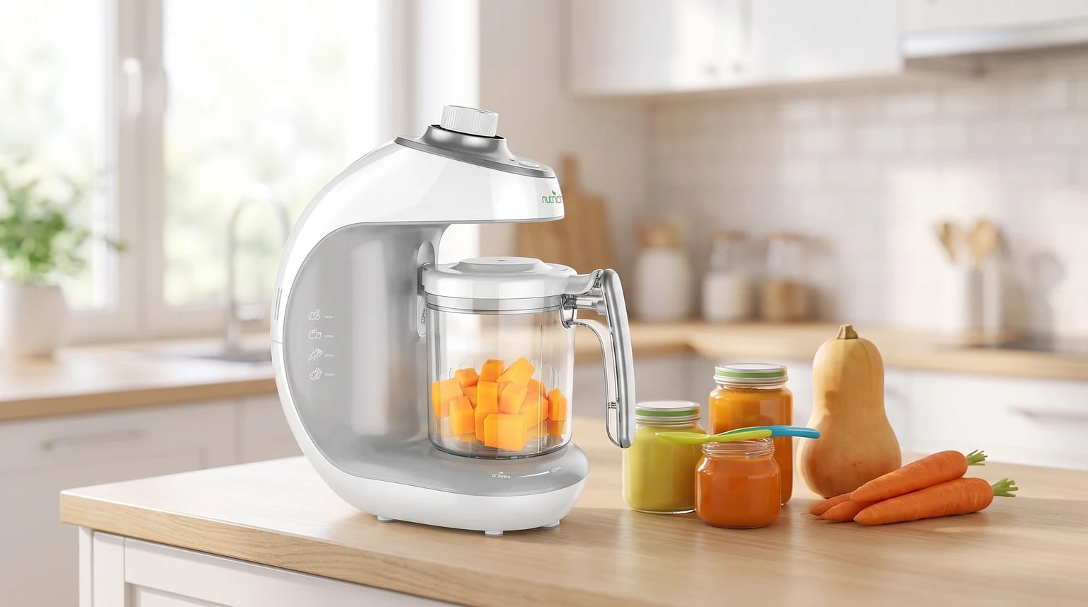 Processador NutriChef branco e cinza em uma bancada, com abóbora em cubos no copo, potes de papinha, cenouras e uma abóbora ao lado.