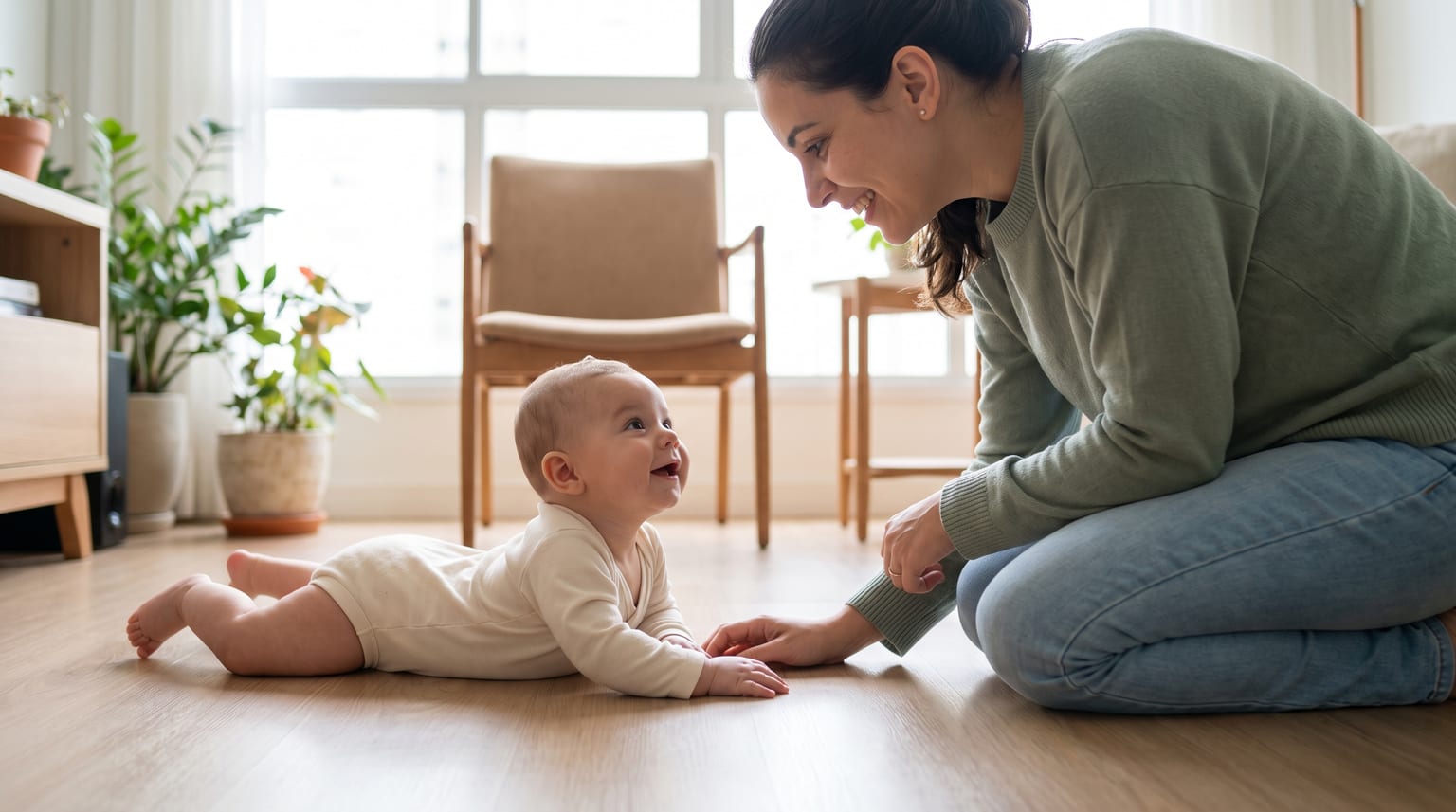 Bebê acordado faz tummy time no chão enquanto uma mulher o supervisiona de perto.