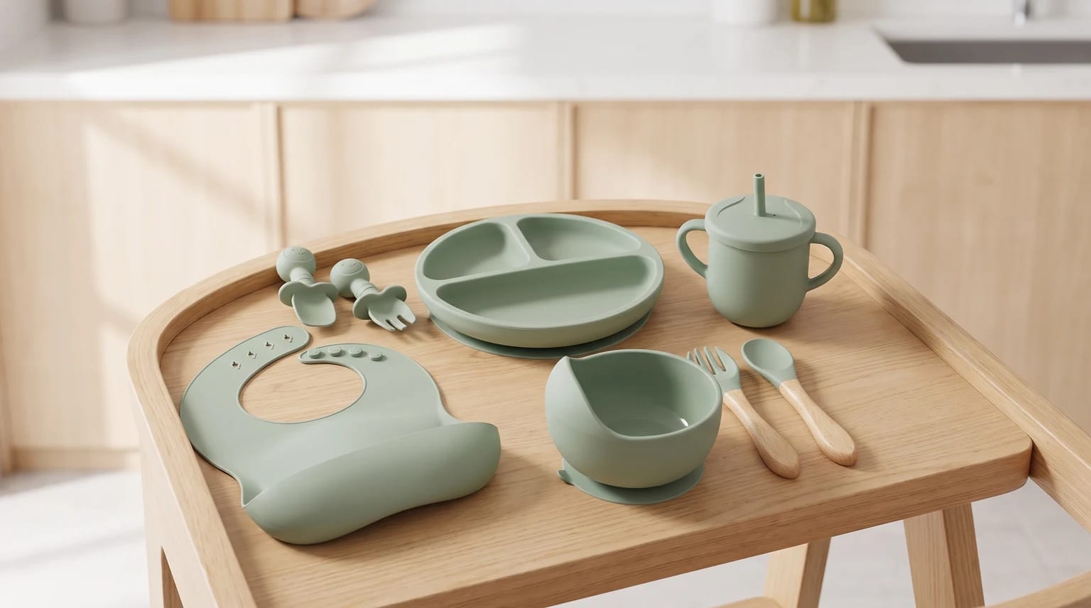 Kit de introdução alimentar verde-sálvia, com babador, prato, tigela, copo, talheres de silicone e talheres com cabo de madeira sobre uma bandeja de alimentação.