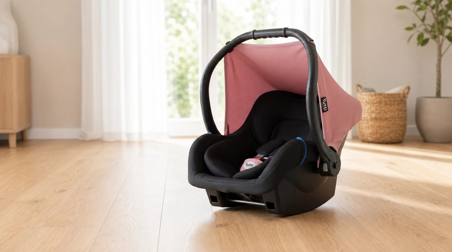 Bebê-conforto Tutti Baby Ello preto com capota rosa no chão de madeira clara de uma sala bem iluminada.