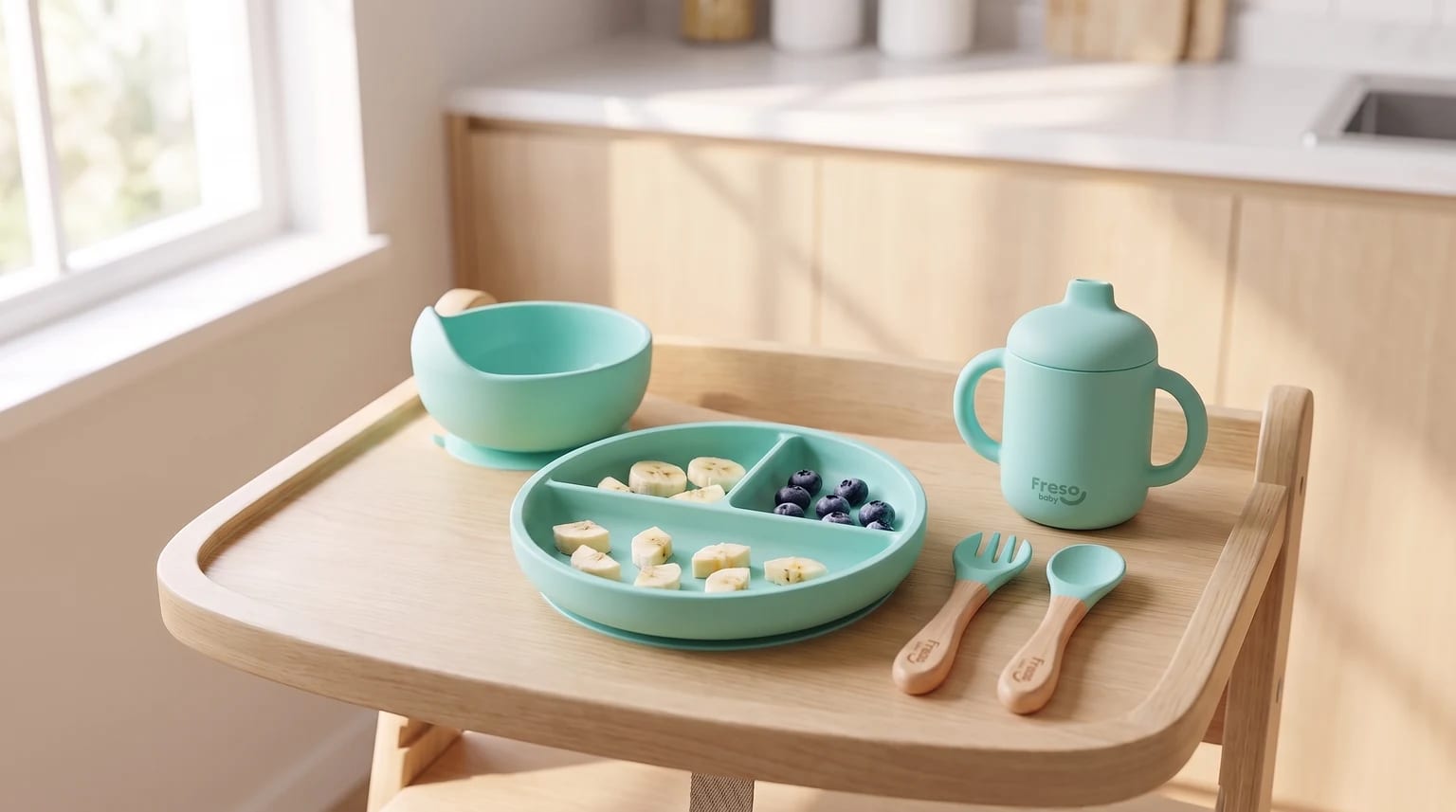 Conjunto Freso Baby verde-claro com prato, tigela, copo, garfo e colher sobre a bandeja de uma cadeira de alimentação, com banana e mirtilos.