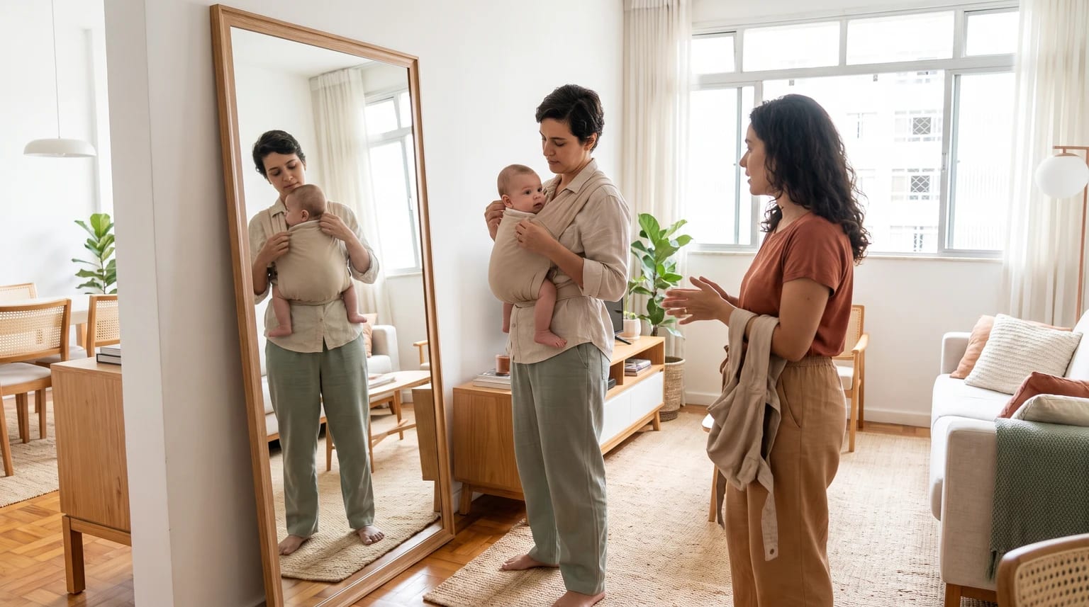 Responsáveis conferem o ajuste de um carregador com o bebê visível e bem apoiado.